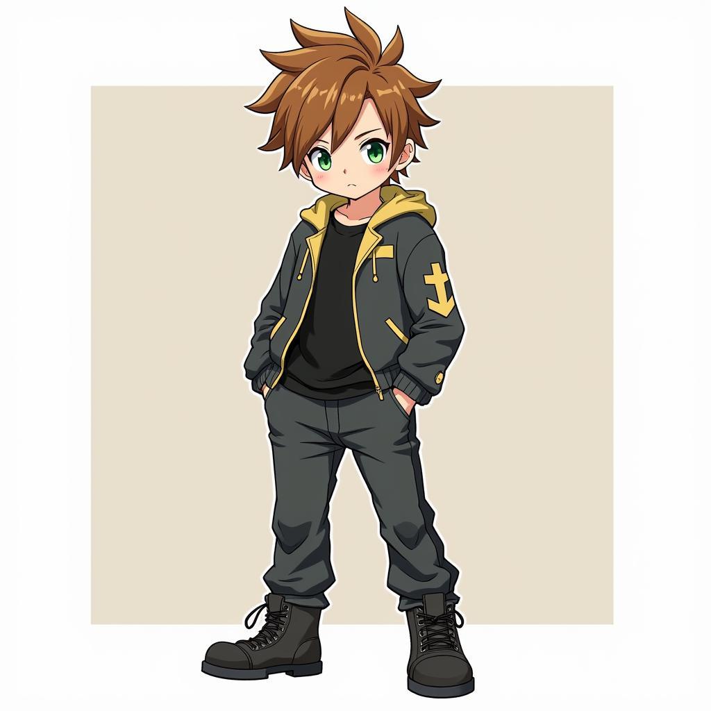 Full-body illustration of an anime boy with hazel messy undercut hair and dark green eyes, showcasing his outfit and pose