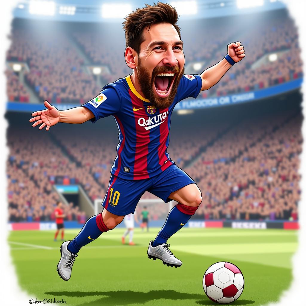 Hình ảnh biếm họa Lionel Messi ăn mừng chiến thắng