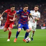 Lionel Messi rê bóng qua các hậu vệ trong trận đấu năm 2019