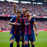 Messi ăn mừng cùng đồng đội tại Barcelona