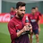 Messi cầm chai Coca-Cola trên sân tập