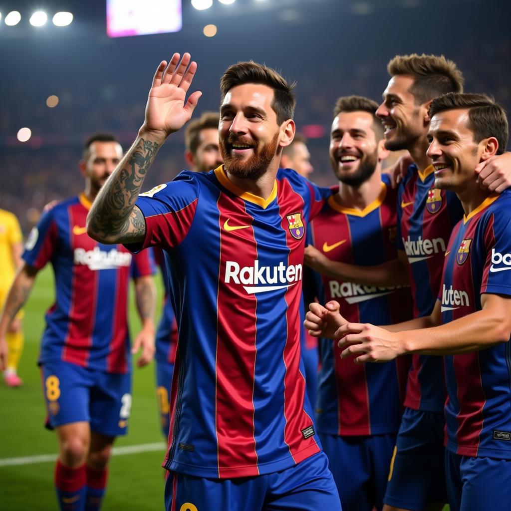 Messi cùng đồng đội ăn mừng chiến thắng tại Champions League