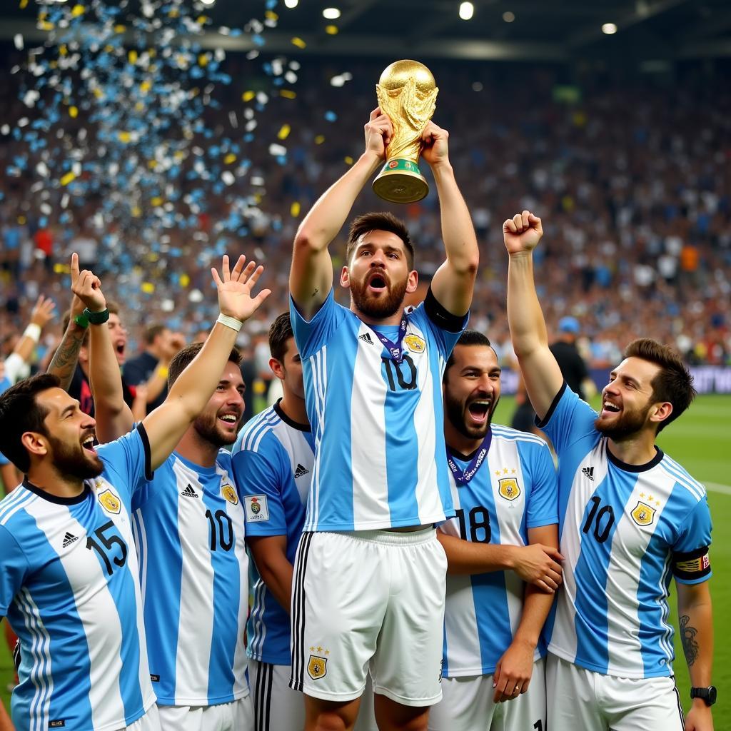 Messi cùng đồng đội ăn mừng chiến thắng World Cup