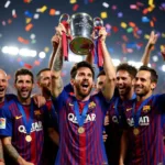 Messi cùng đồng đội Barca ăn mừng chiến thắng Champions League