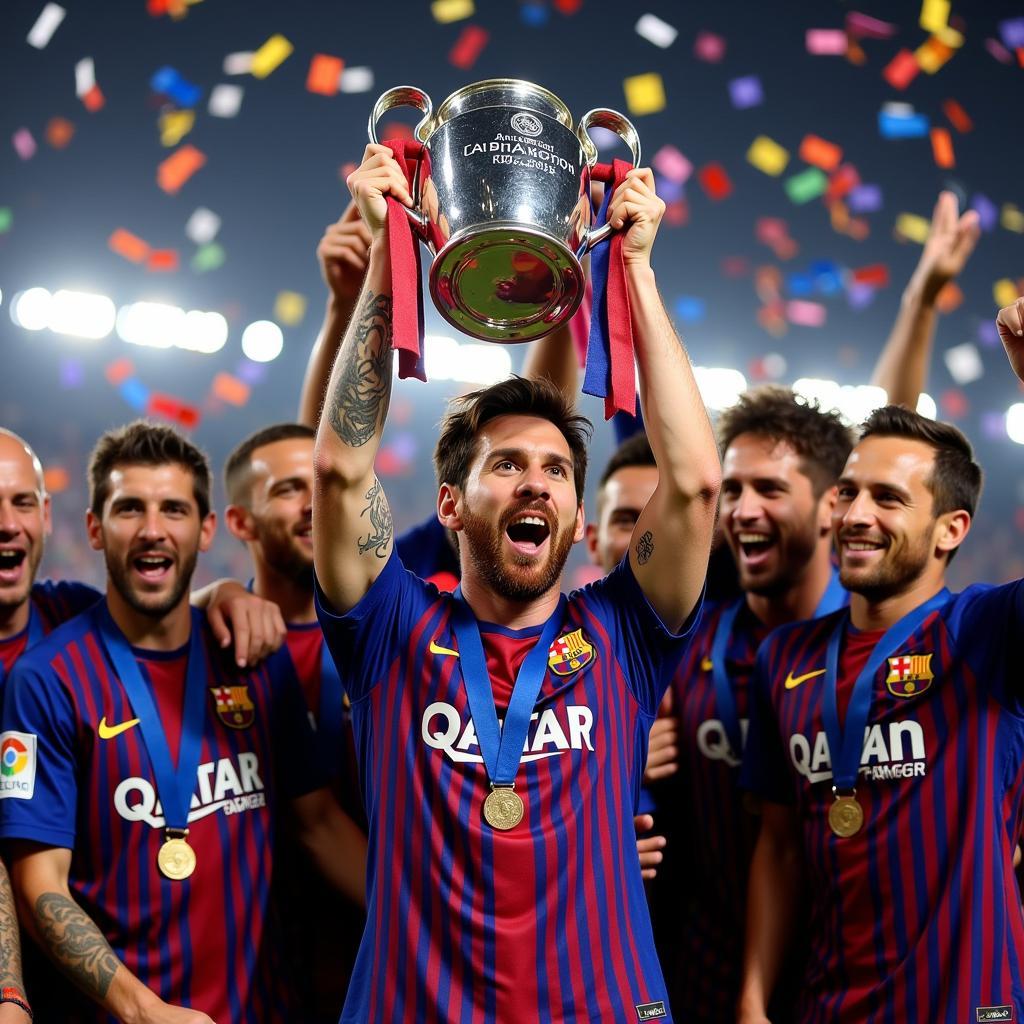 Messi cùng đồng đội Barca ăn mừng chiến thắng Champions League