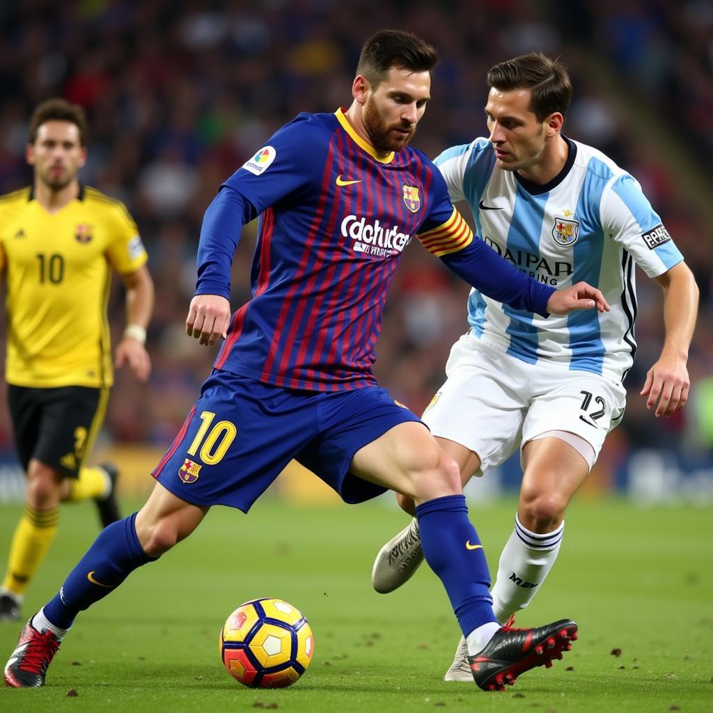 Messi đi bóng vượt qua hậu vệ đối phương