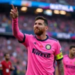 Messi gia nhập Inter Miami CF - Hình ảnh Messi trong màu áo Inter Miami CF, chào đón người hâm mộ tại sân vận động DRV PNK Stadium.