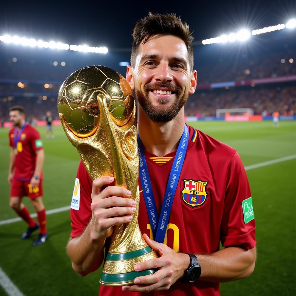 Messi khoe chiếc cup vàng World Cup