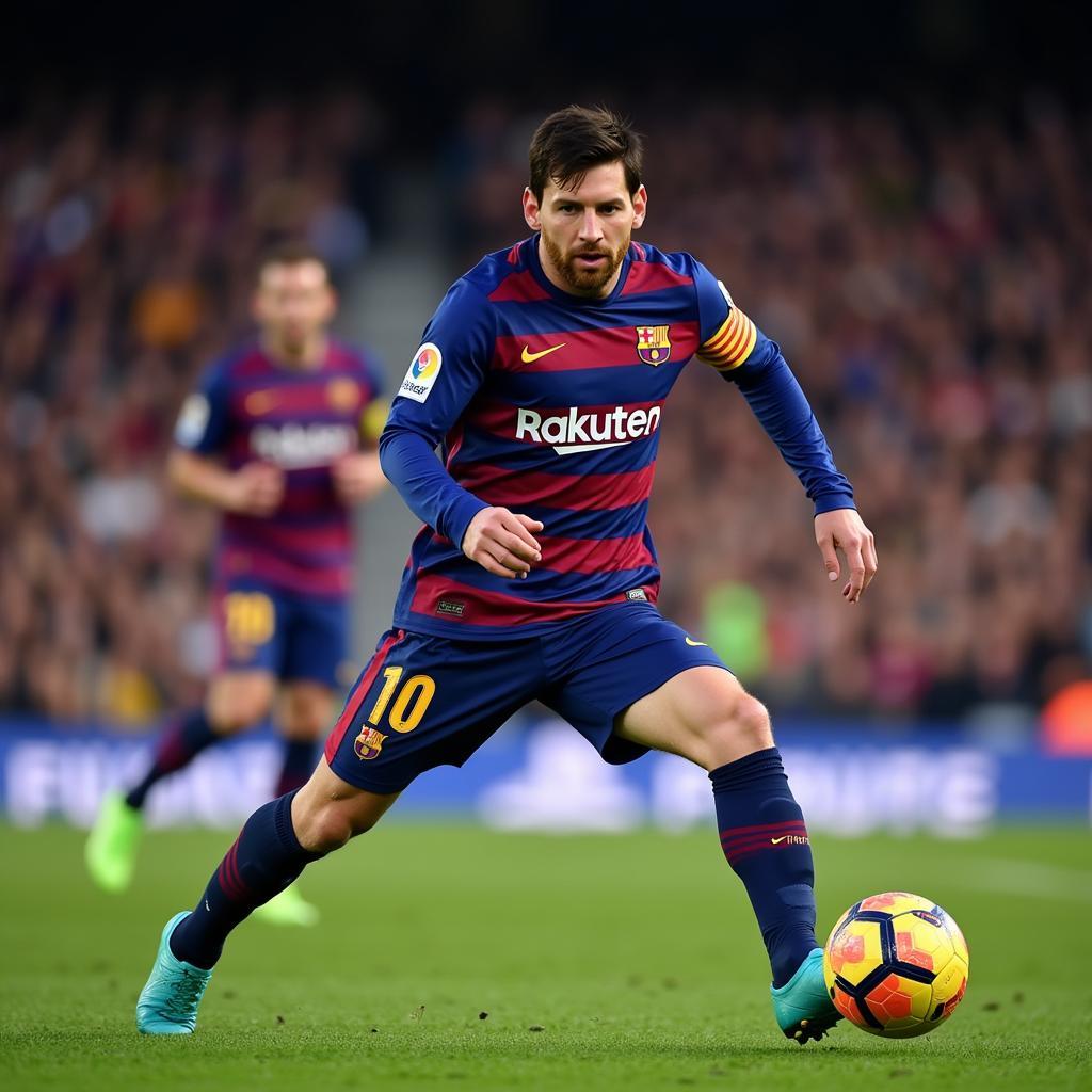 Messi rê bóng qua hậu vệ