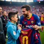 Messi tặng áo cho cậu bé sau trận đấu