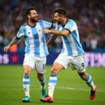 Messi và Aguero ăn mừng bàn thắng trong màu áo đội tuyển Argentina