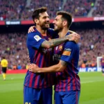 Messi và Villa ăn mừng bàn thắng trong màu áo Barcelona