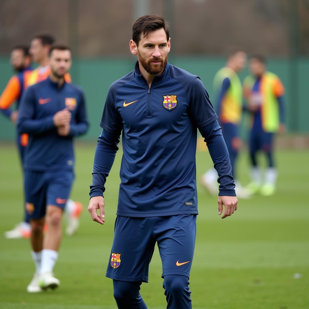 Messi wearing Nike training apparel during a practice session.