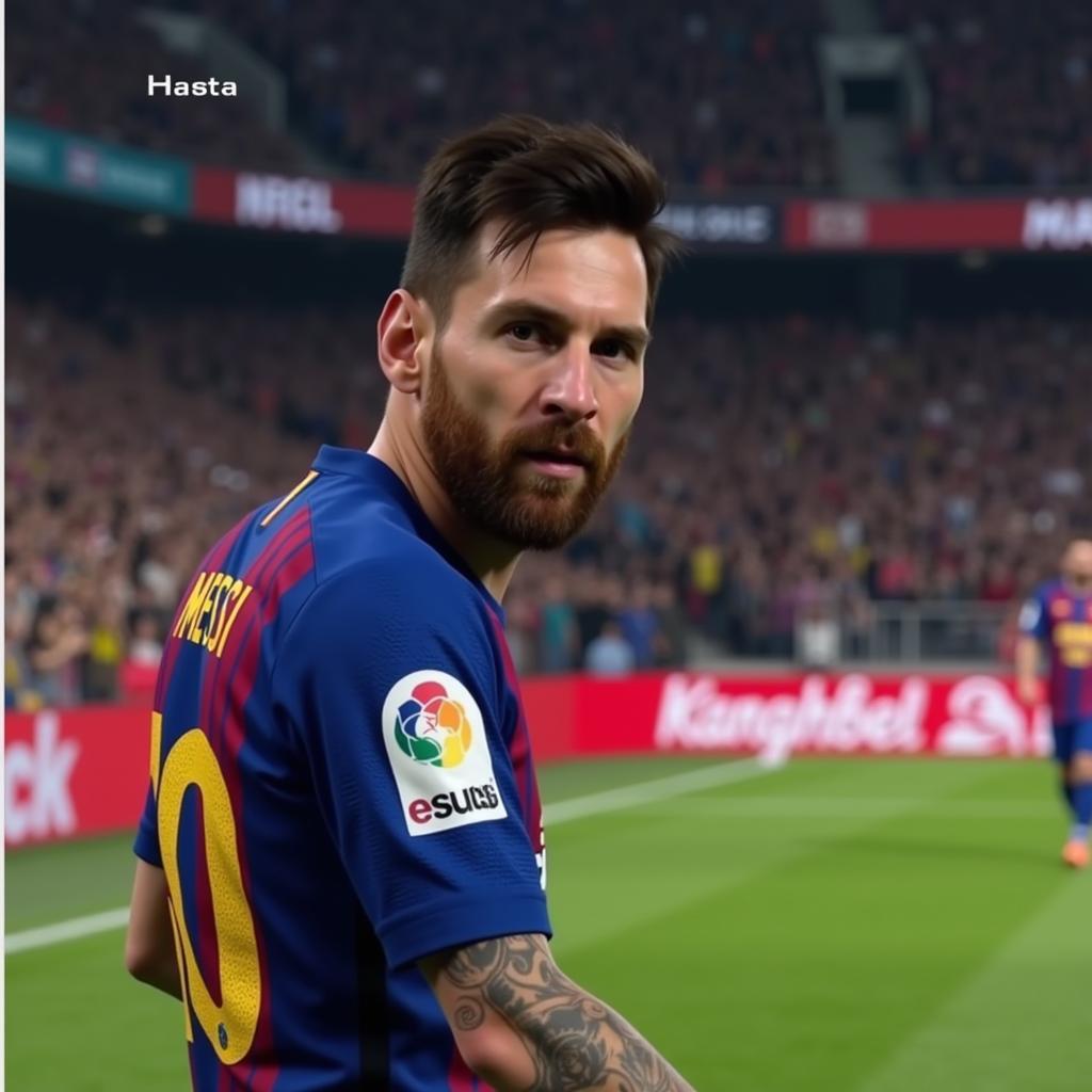 Messi trong một trận đấu PES 18, thể hiện rõ nét khuôn mặt và biểu cảm