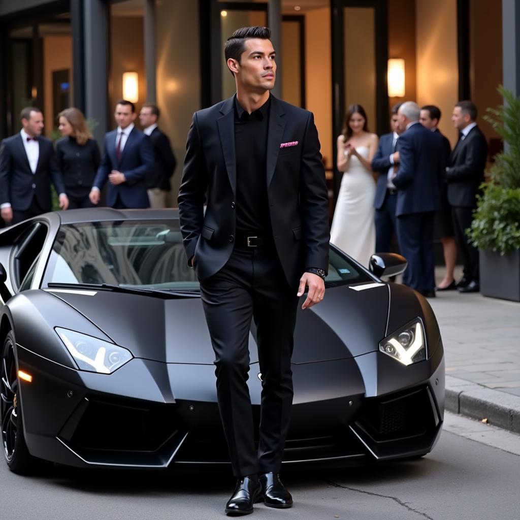 Ronaldo đứng trước siêu xe Lamborghini Aventador màu đen bóng bẩy