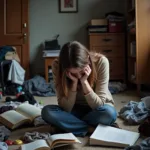 Sad Girl Sitting on the Floor in a Messy Room