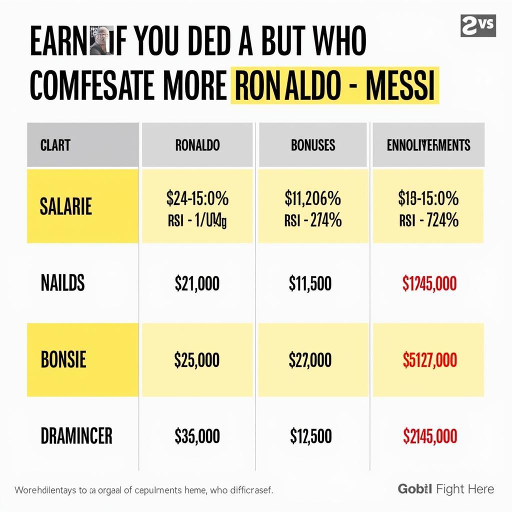 So sánh thu nhập của Ronaldo và Messi: Biểu đồ thể hiện sự khác biệt về lương, thưởng, và quảng cáo giữa hai siêu sao.