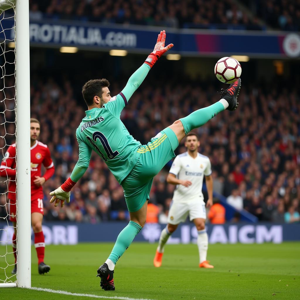 Thibaut Courtois bay người cản phá cú sút phạt trong trận đấu tại La Liga 2019.